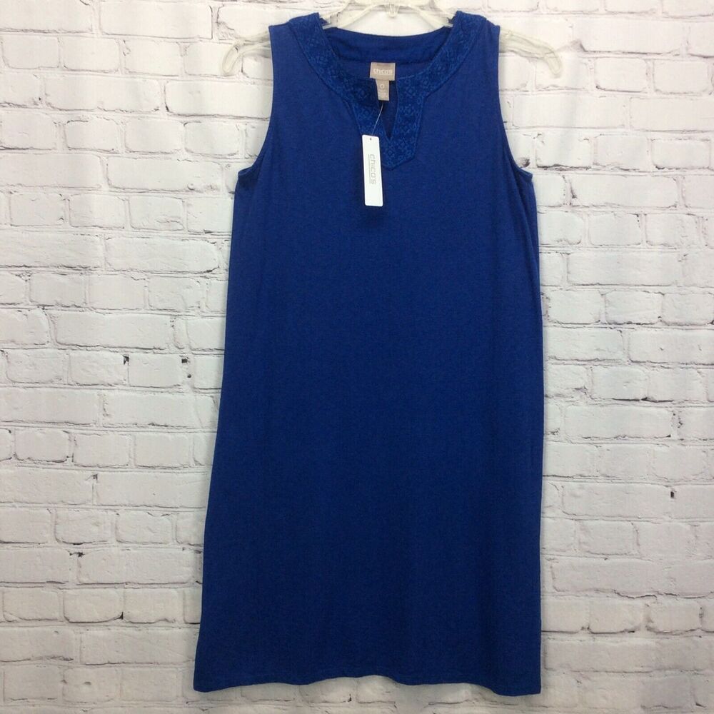 Chico’s Kelly Knee Dress Womens Size 0 (XS/4) Blue Sleeveless Embroidered